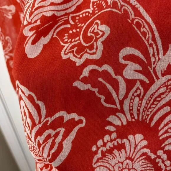 Evereve orange and white floral print long sleeve tie front top, size x small - Picture 5 of 12